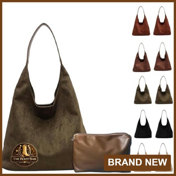 Handbags - Faux Suede Tote Bag - 14.1x12.2x5.1in - Shoulder & Hand Carry
